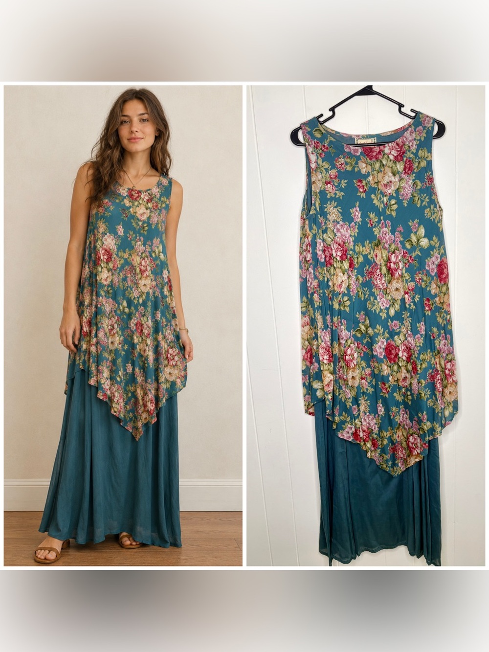April Cornell VINTAGE 90’s Floral Layered Maxi Dress Blue Cottagecore Medium